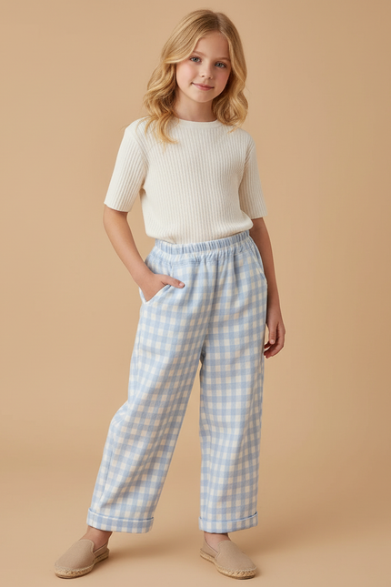 Pantalon Baggy Vichy Bleu Ciel Ample Décontracté Enfant - Coton