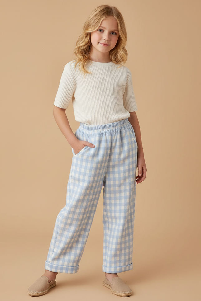 Pantalon Baggy Vichy Bleu Ciel Ample Décontracté Enfant - Coton