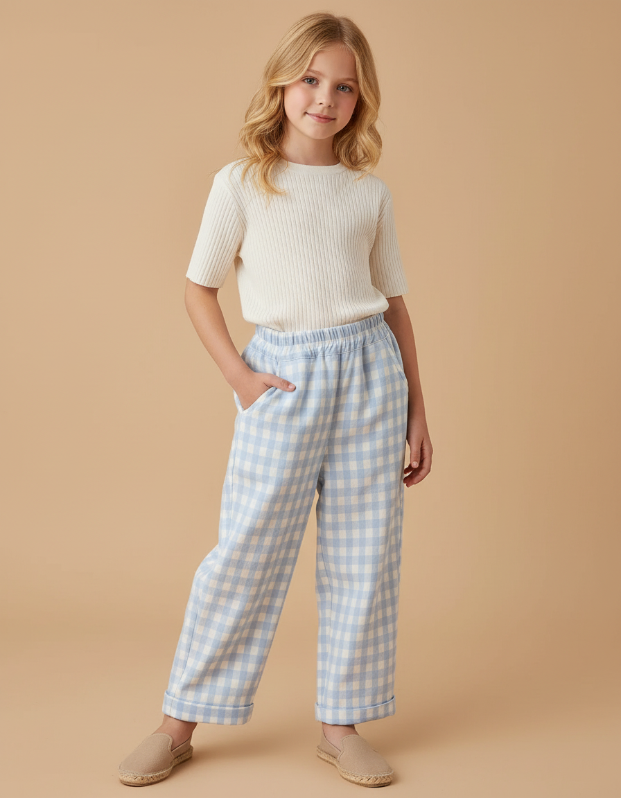 Pantalon Baggy Vichy Bleu Ciel Ample Décontracté Enfant - Coton