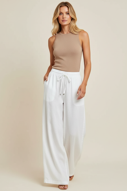Pantalon Baggy Blanc Fluide Ample Lin Femme