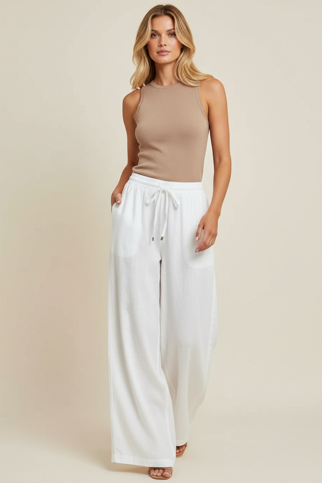 Pantalon Baggy Blanc Fluide Ample Lin Femme