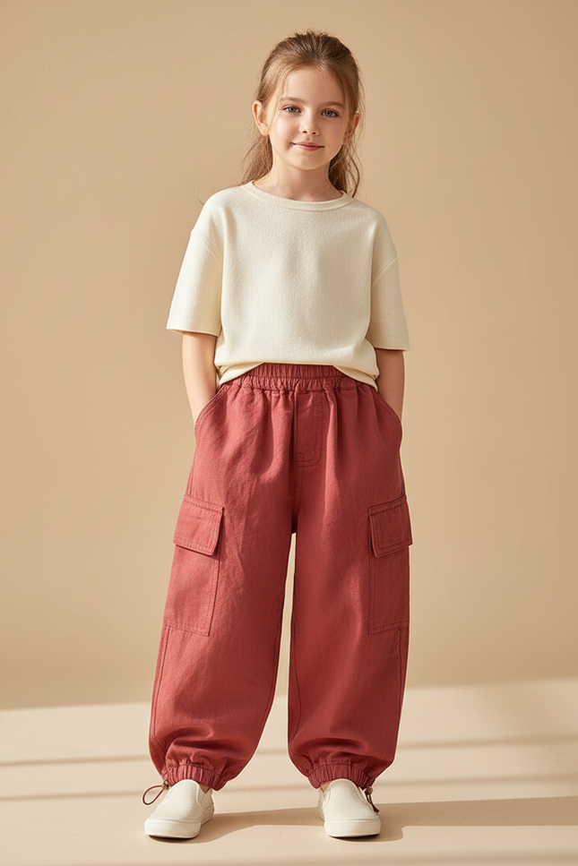 Pantalon Baggy Rouge Cargo Ample Confortable Enfant - Coton
