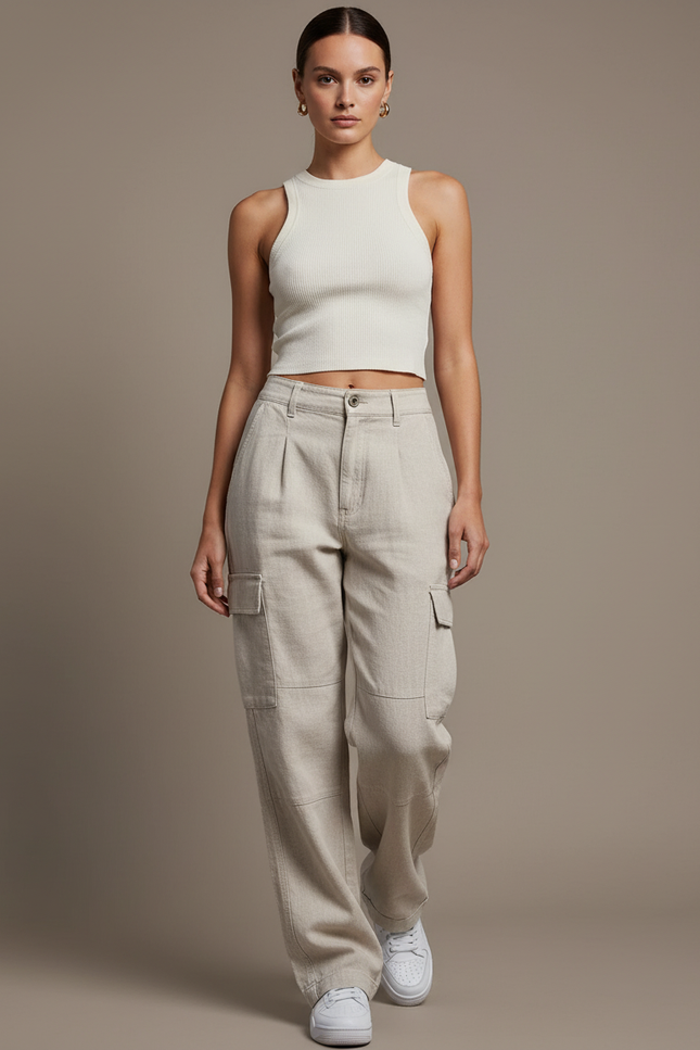 Pantalon Baggy Beige Cargo Ample Décontracté Coton