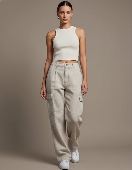Pantalon Baggy Beige Cargo Ample Décontracté Coton