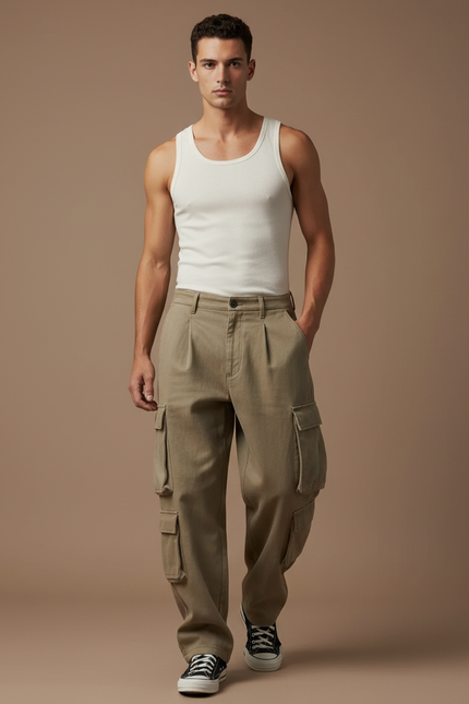 Pantalon Baggy Cargo Ample Kaki Coton Homme