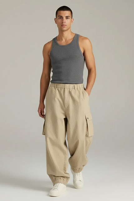 Pantalon Baggy Cargo Beige Décontracté Homme - Toile