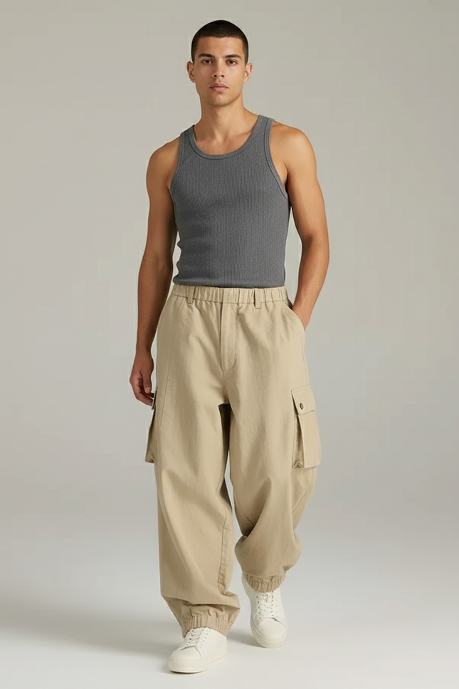 Pantalon Baggy Cargo Beige Décontracté Homme - Toile