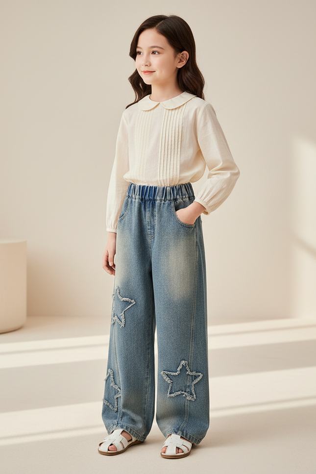 Pantalon Baggy Jean Étoiles Ample Enfant Denim - Bleu