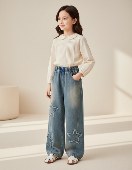 Pantalon Baggy Jean Étoiles Ample Enfant Denim - Bleu