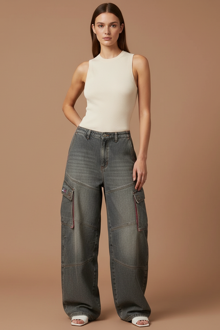 Pantalon Baggy Gris Denim Cargo Ample Femme - Jean