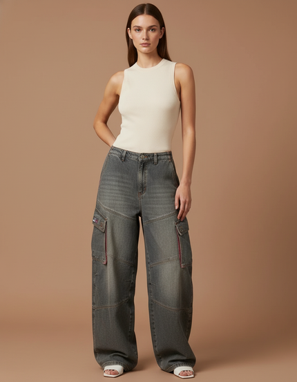Pantalon Baggy Gris Denim Cargo Ample Femme - Jean