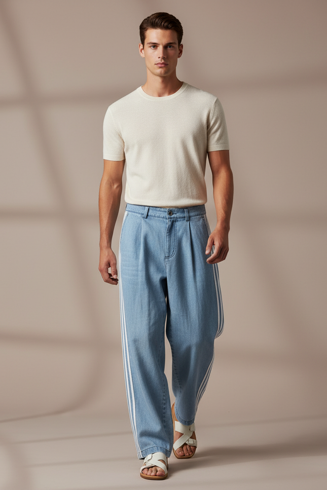 Pantalon Baggy Jean Bleu Clair Rayures Blanches Ample