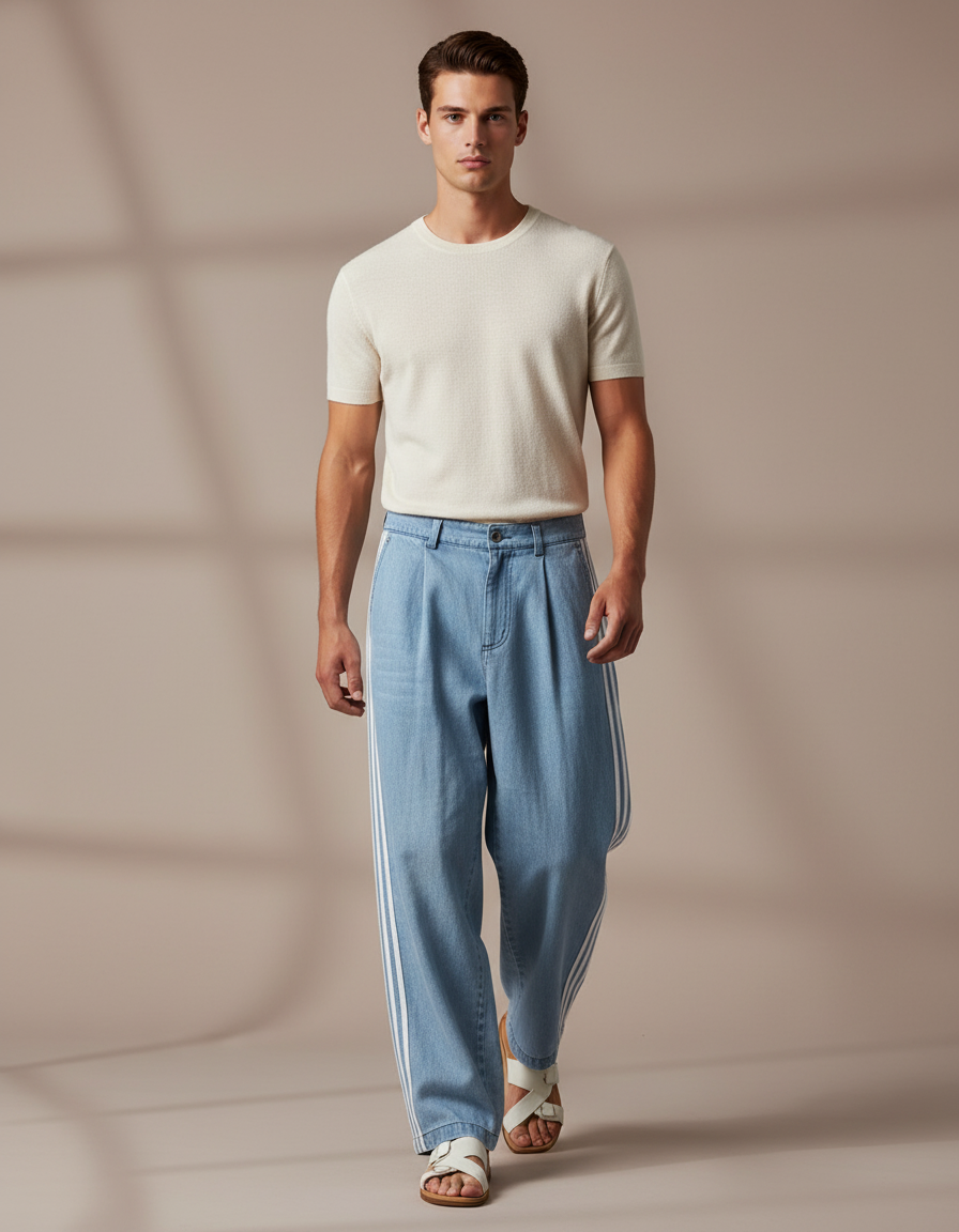 Pantalon Baggy Jean Bleu Clair Rayures Blanches Ample