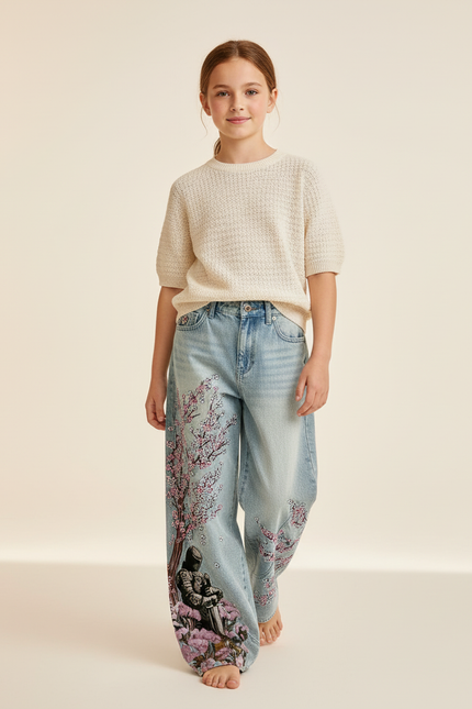 Pantalon Baggy Denim Clair Ample Brodé Chevalier Fleurs - Bleu Jean