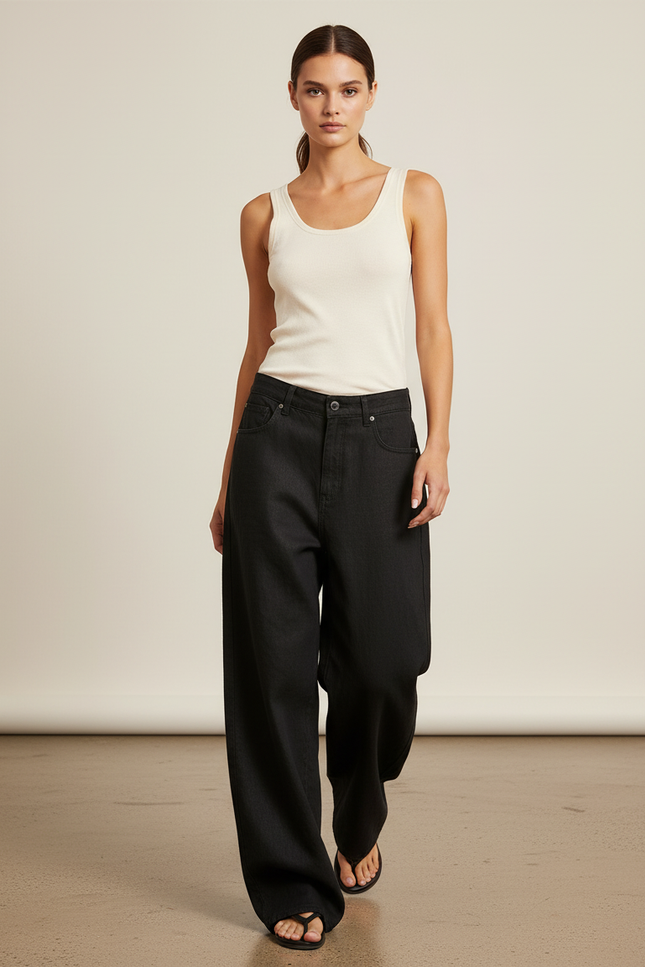 Pantalon Baggy Noir Ample Fluide Décontracté Denim - Lin
