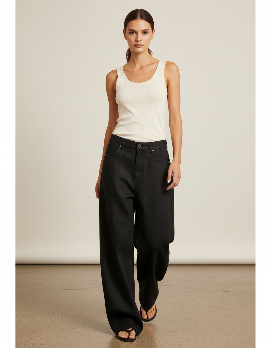 Pantalon Baggy Noir Ample Fluide Décontracté Denim - Lin