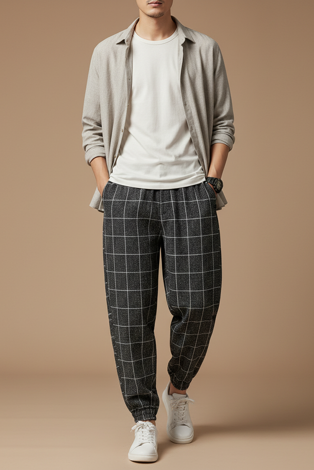 Pantalon Baggy Carreaux Gris Ample Cordon Homme - Laine