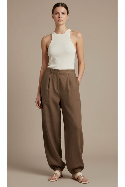 Pantalon Baggy Marron Ample Plissé Décontracté Femme - Lin