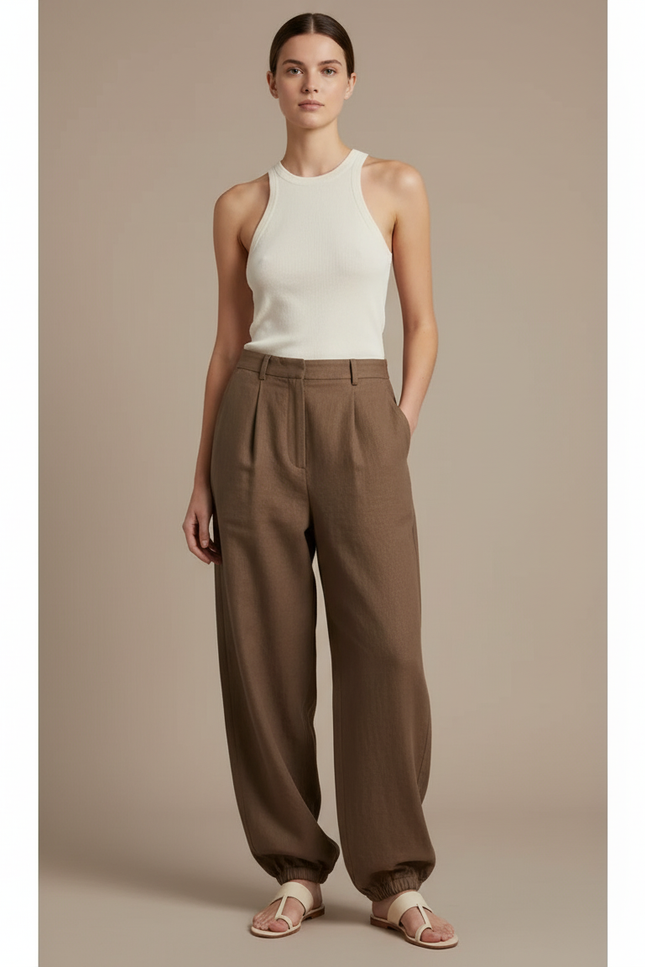 Pantalon Baggy Marron Ample Plissé Décontracté Femme - Lin
