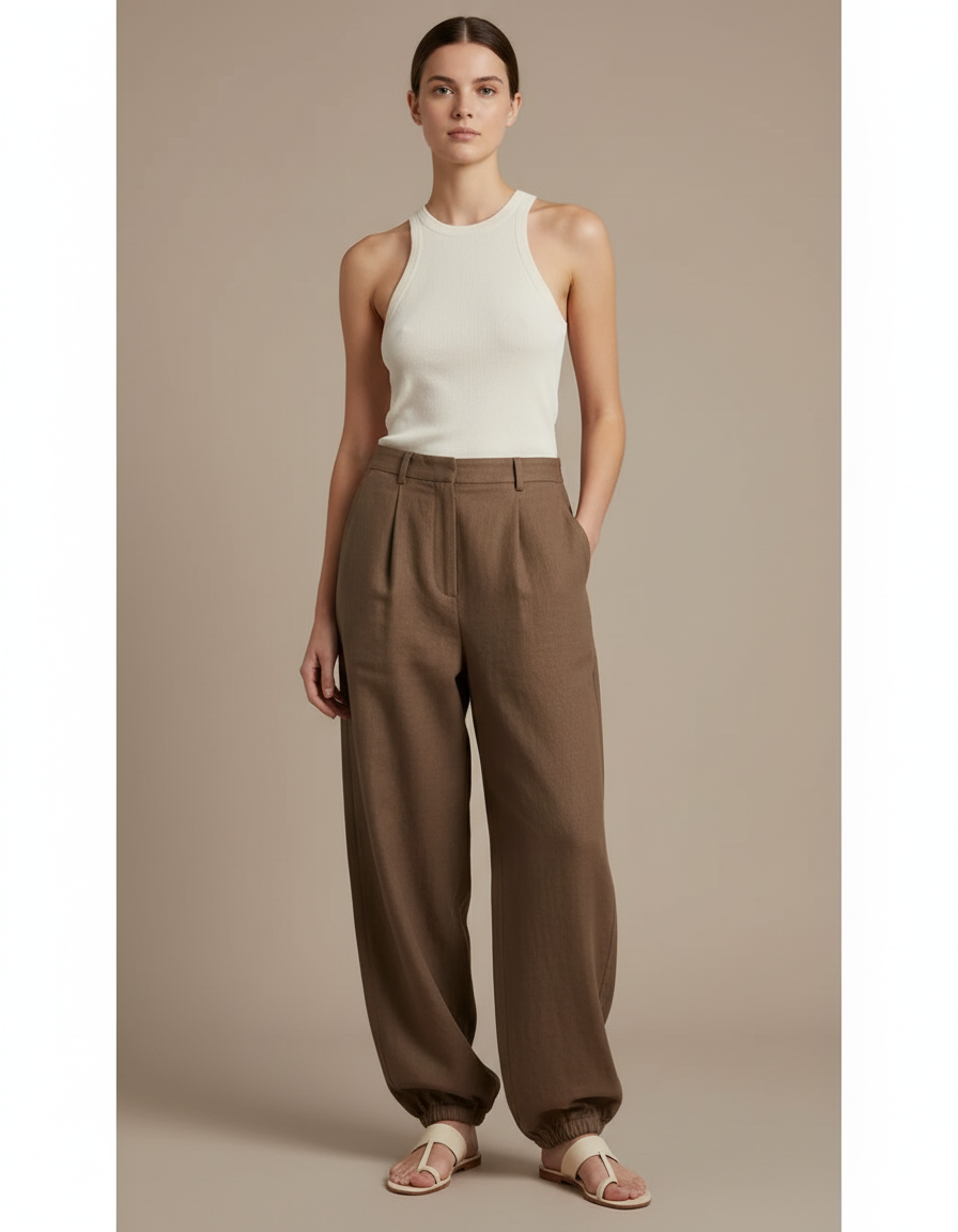 Pantalon Baggy Marron Ample Plissé Décontracté Femme - Lin