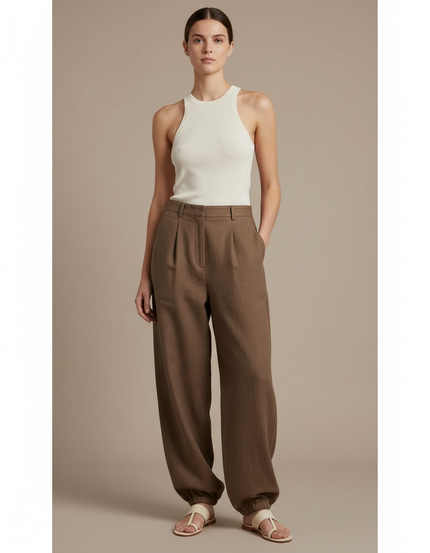 Pantalon Baggy Marron Ample Plissé Décontracté Femme - Lin