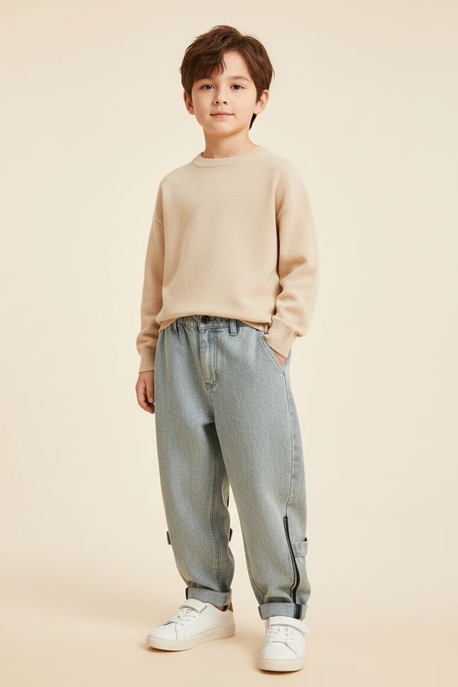 Pantalon Baggy Jean Bleu Clair Ample Zippé Enfant
