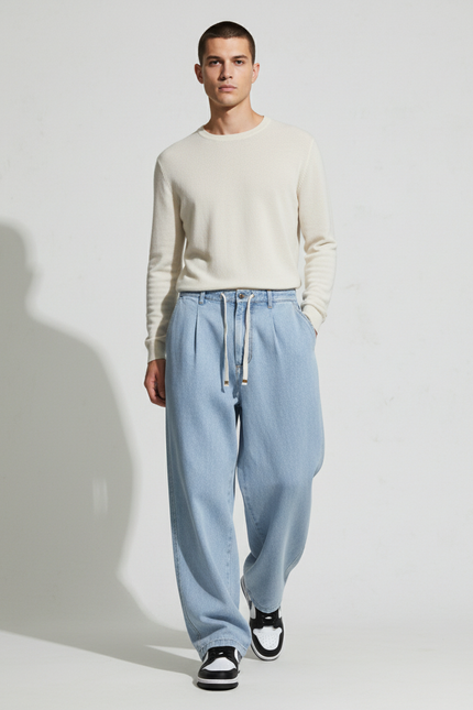 Pantalon Baggy Jean Bleu Clair Ample Streetwear Cordon