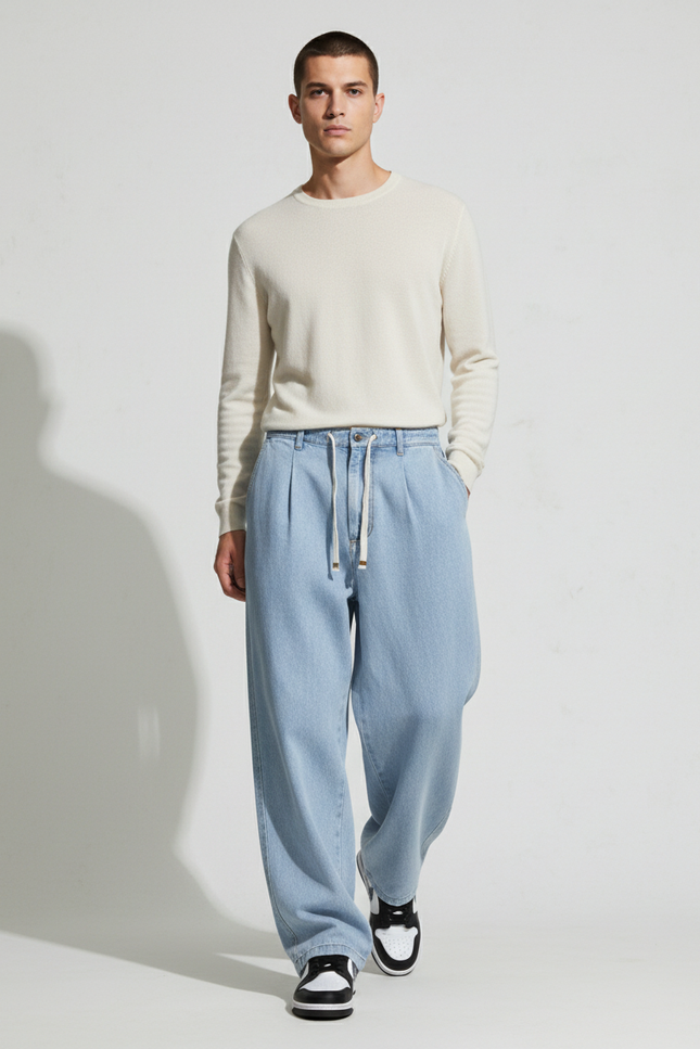 Pantalon Baggy Jean Bleu Clair Ample Streetwear Cordon