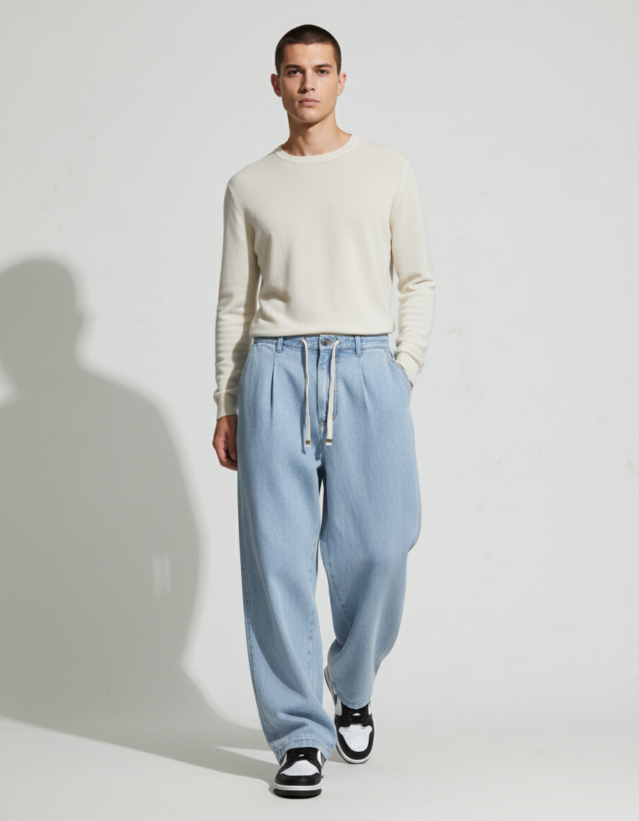 Pantalon Baggy Jean Bleu Clair Ample Streetwear Cordon