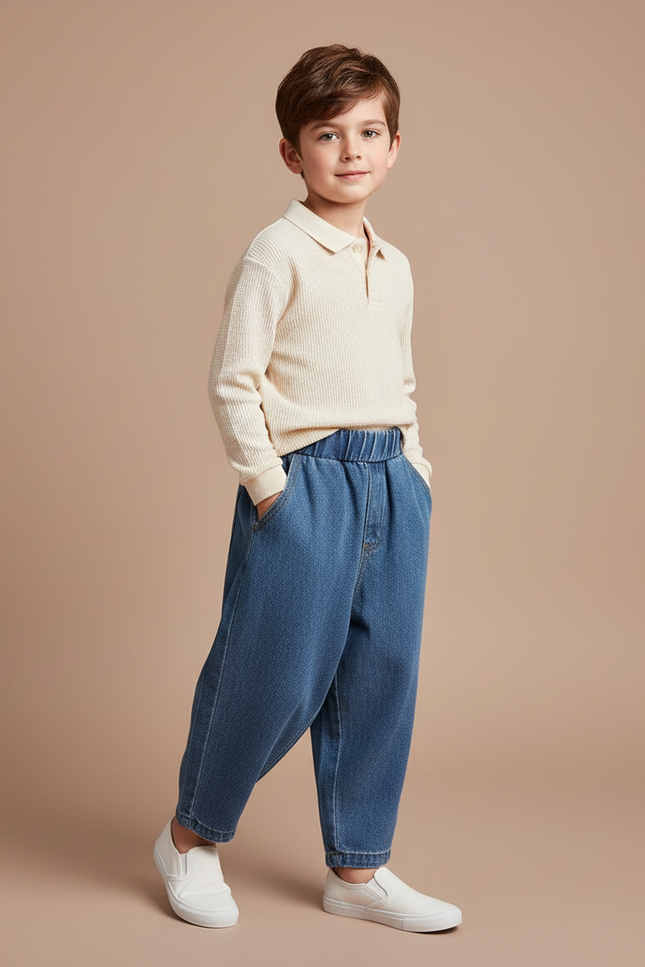 Pantalon Baggy Jean Bleu Taille Élastique Ample