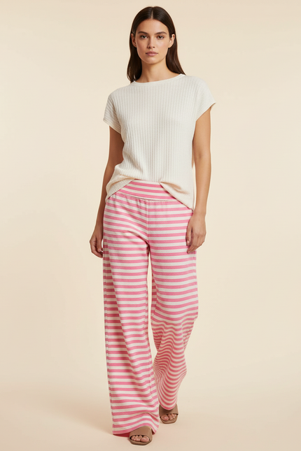 Pantalon Baggy Rayé Rose Ample Décontracté Fluide - Maille