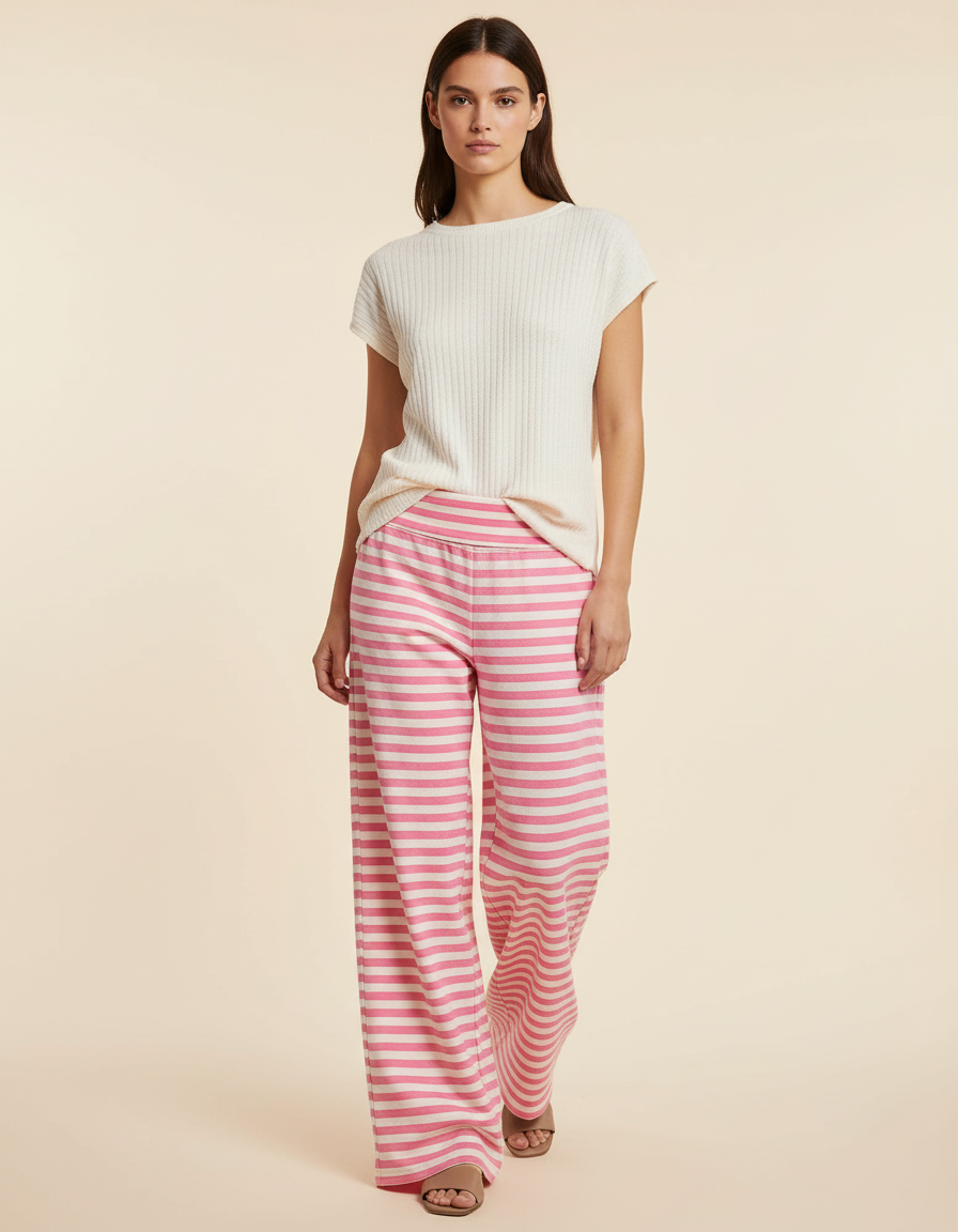 Pantalon Baggy Rayé Rose Ample Décontracté Fluide - Maille