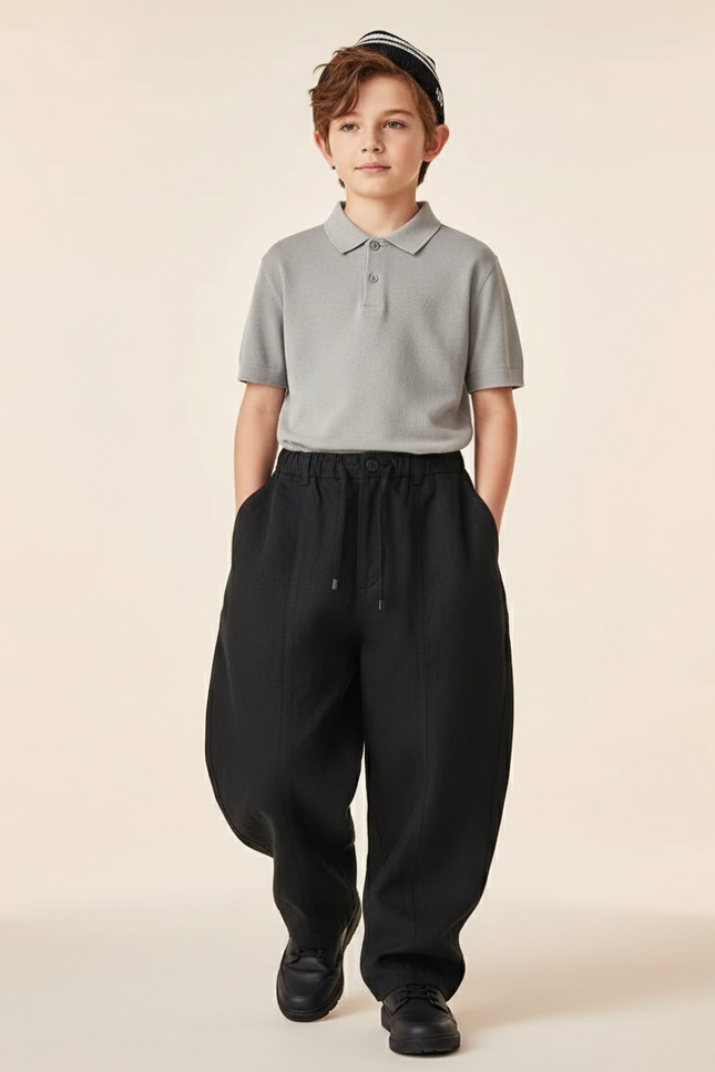 Pantalon Baggy Noir Ample Décontracté Garçon - Lin