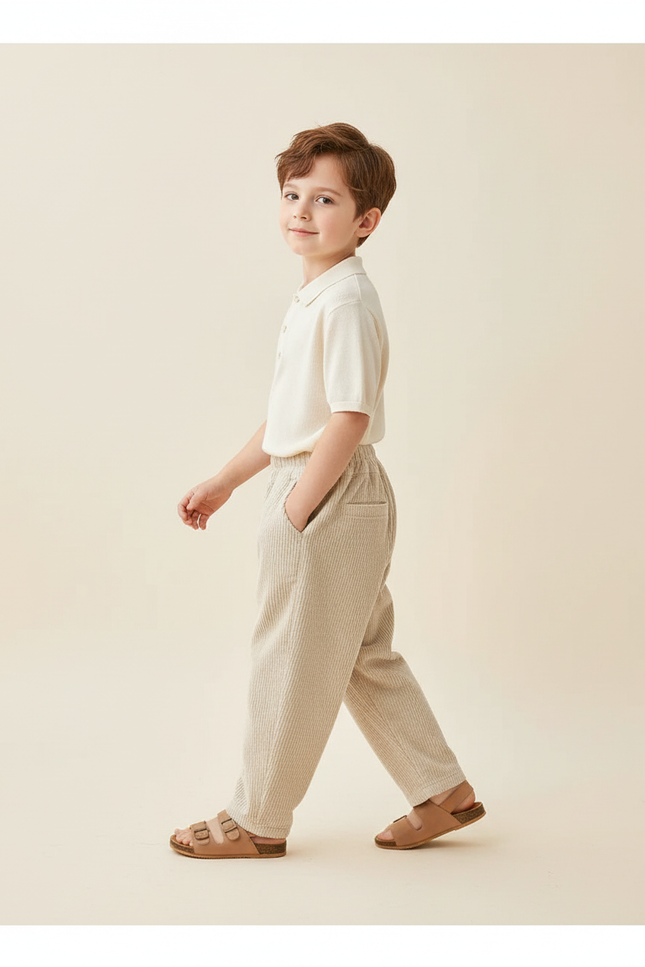 Pantalon Baggy Côtelé Beige Ample Garçon Décontracté - Cordé