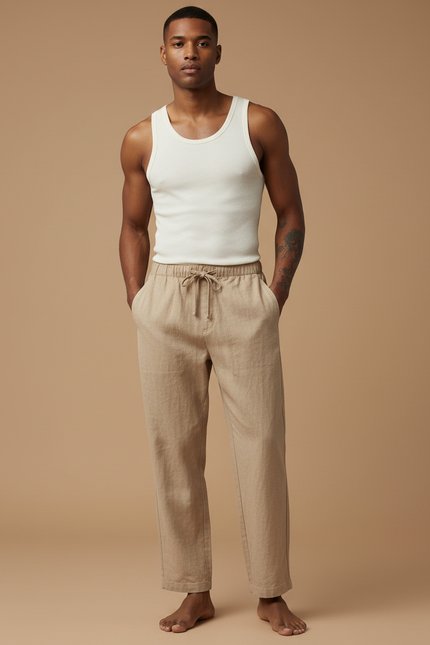 Pantalon Baggy Beige Lin Cordon Ample Homme