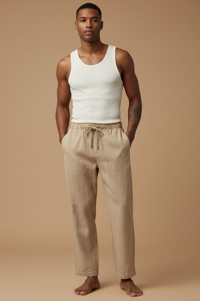 Pantalon Baggy Beige Lin Cordon Ample Homme