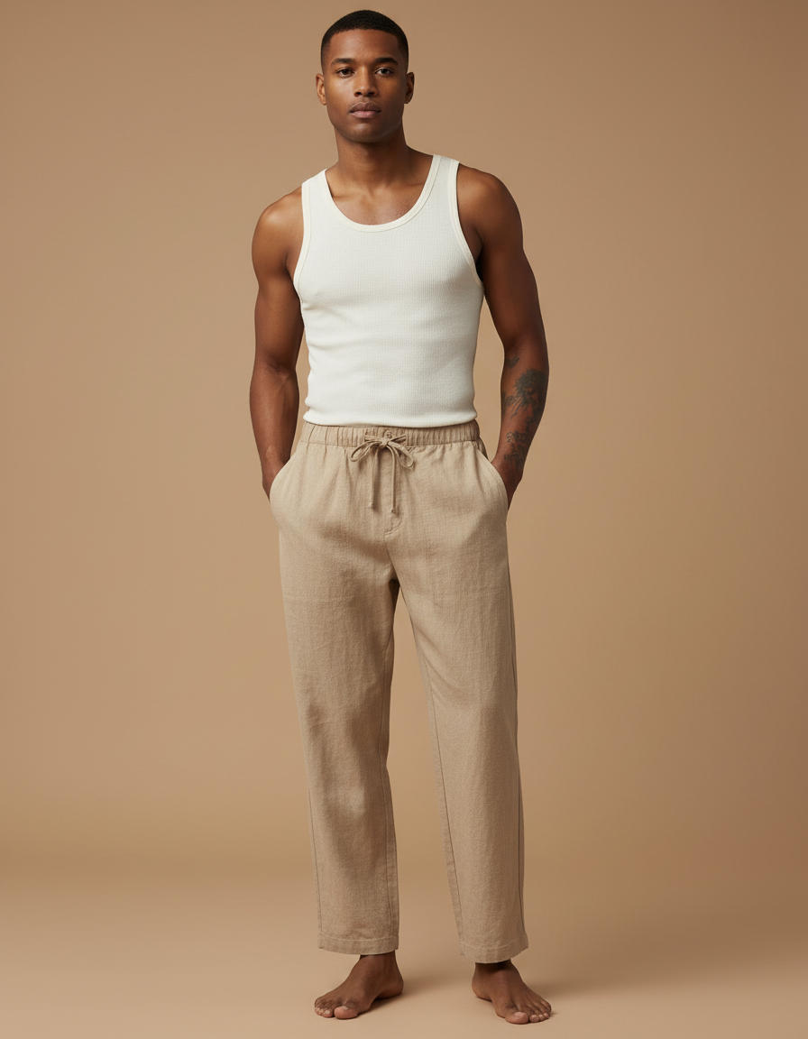 Pantalon Baggy Beige Lin Cordon Ample Homme