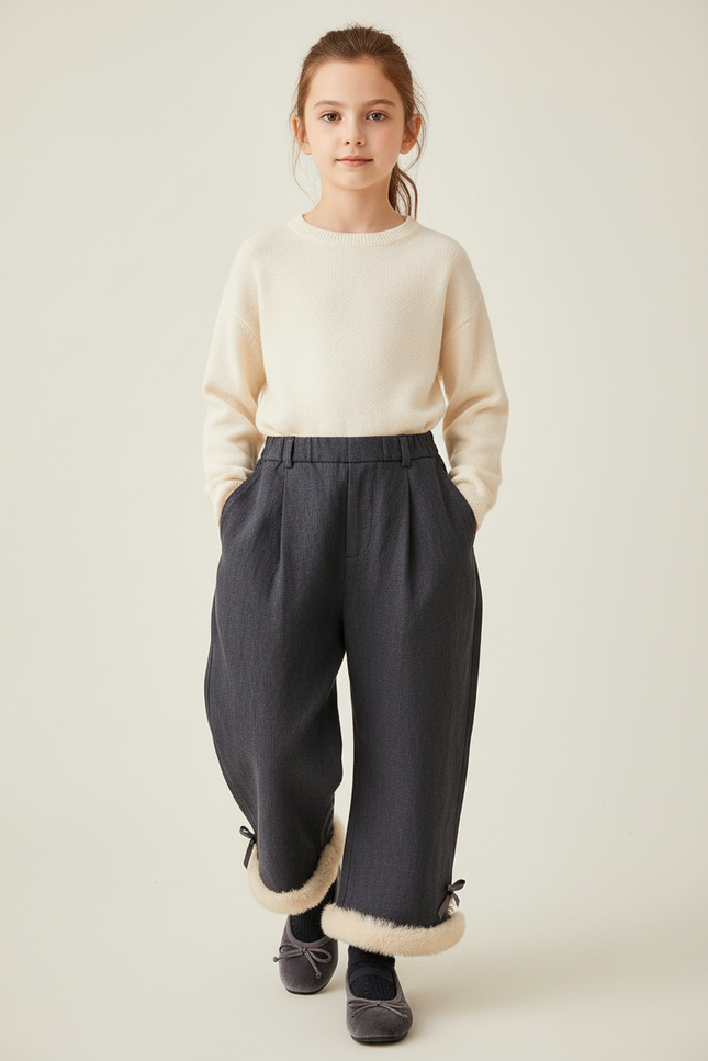 Pantalon Baggy Gris Plissé Doux Fourrure Fille - Laine