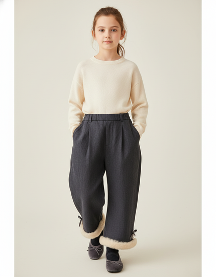 Pantalon Baggy Gris Plissé Doux Fourrure Fille - Laine