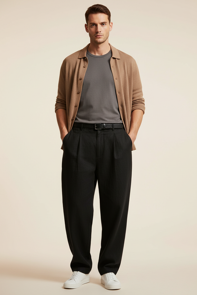 Pantalon Baggy Homme Noir Taille Haute - Laine