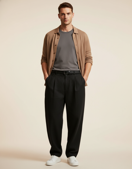 Pantalon Baggy Homme Noir Taille Haute - Laine