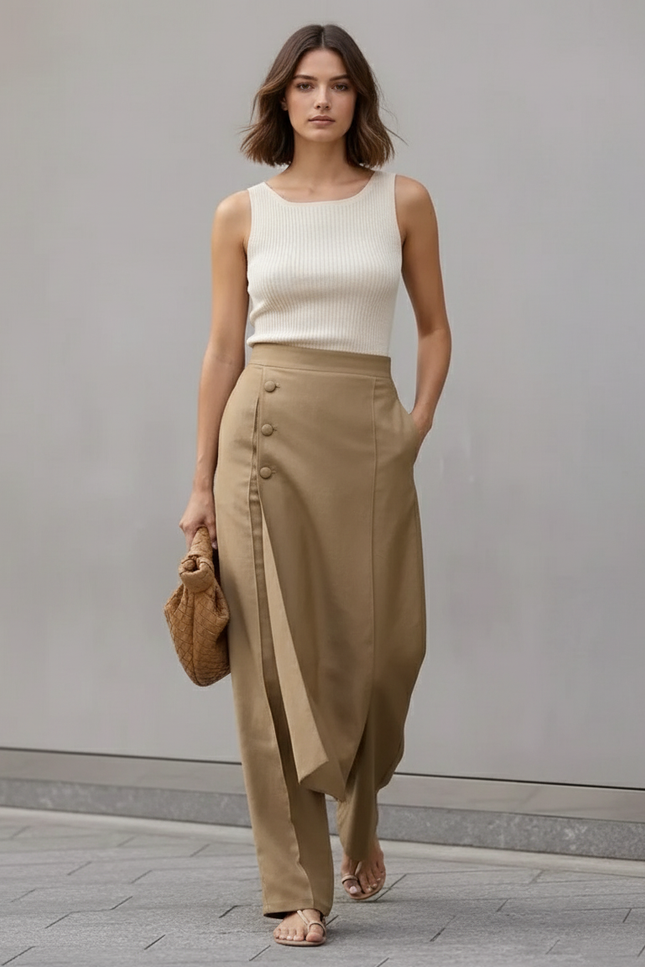 Pantalon Baggy Kaki Fluide Asymétrique Boutons Femme - Viscose
