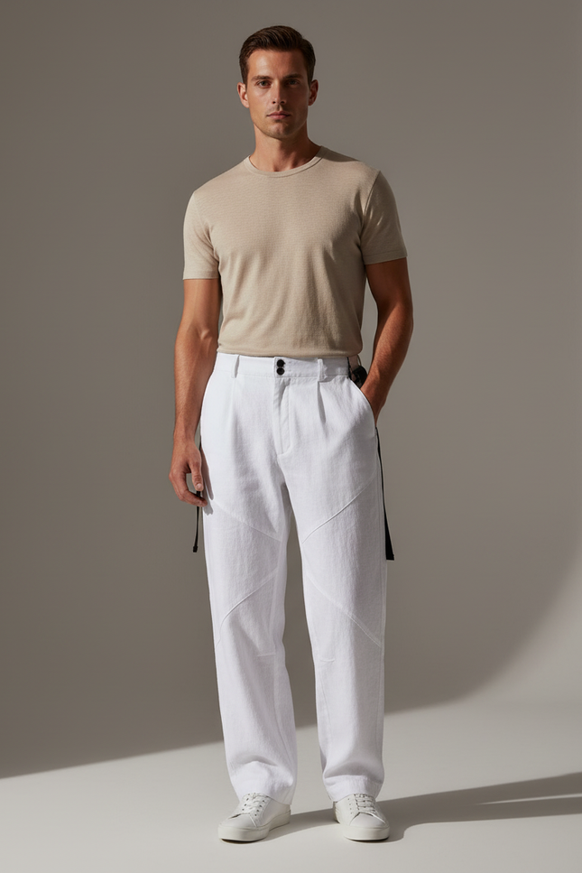Pantalon Baggy Blanc Lin Coupe Droite Homme