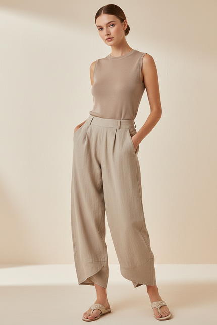 Pantalon Baggy Lin Beige Ample Taille Haute Femme