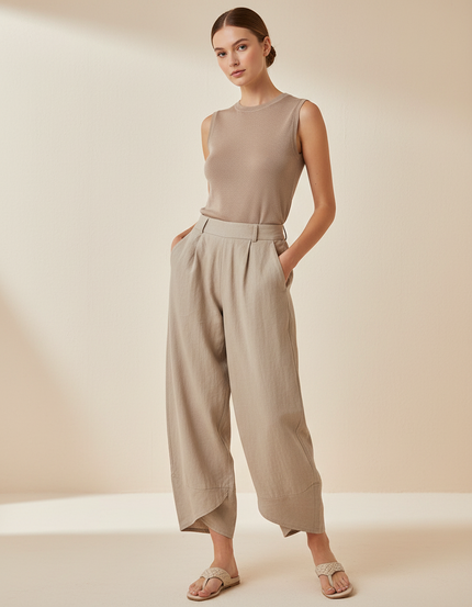 Pantalon Baggy Lin Beige Ample Taille Haute Femme