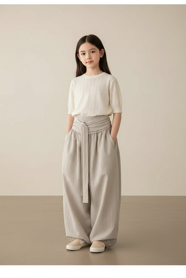 Pantalon Baggy Gris Lin Ample Ceinture Fille