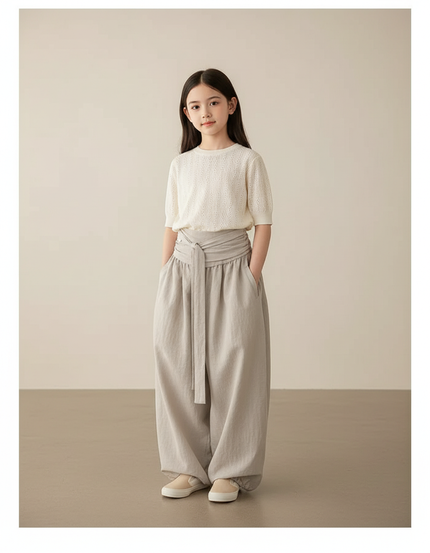 Pantalon Baggy Gris Lin Ample Ceinture Fille
