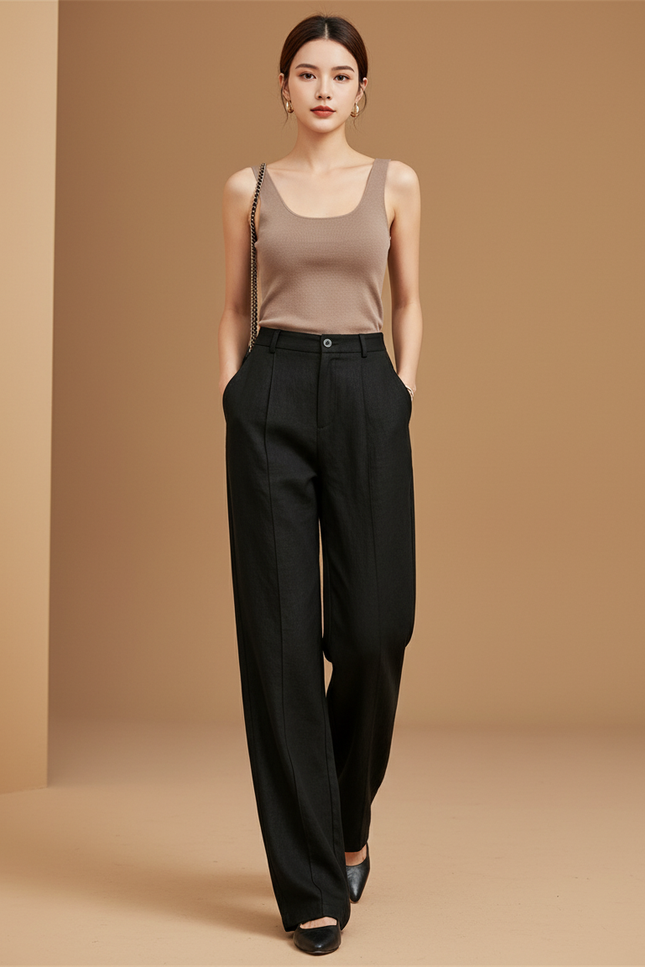 Pantalon Baggy Noir Ample Plissé Décontracté Fluide - Viscose