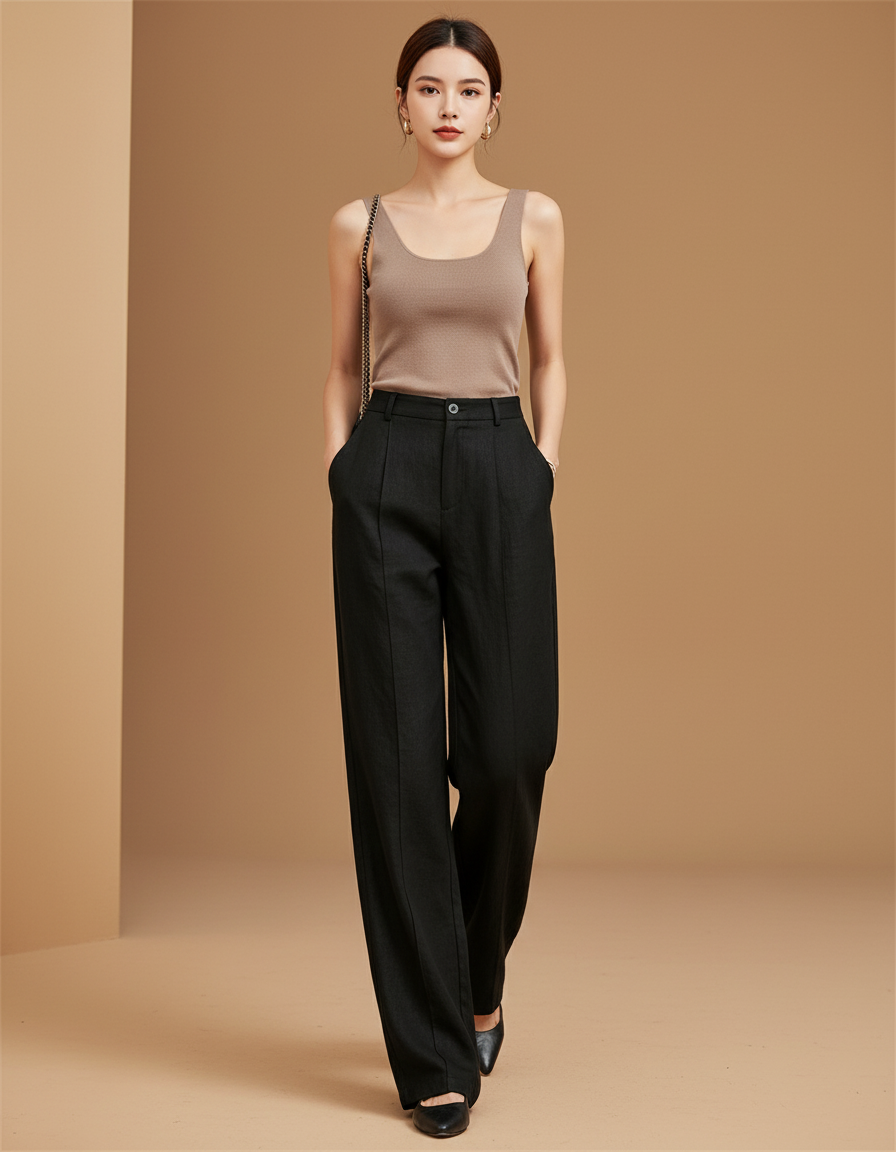 Pantalon Baggy Noir Ample Plissé Décontracté Fluide - Viscose