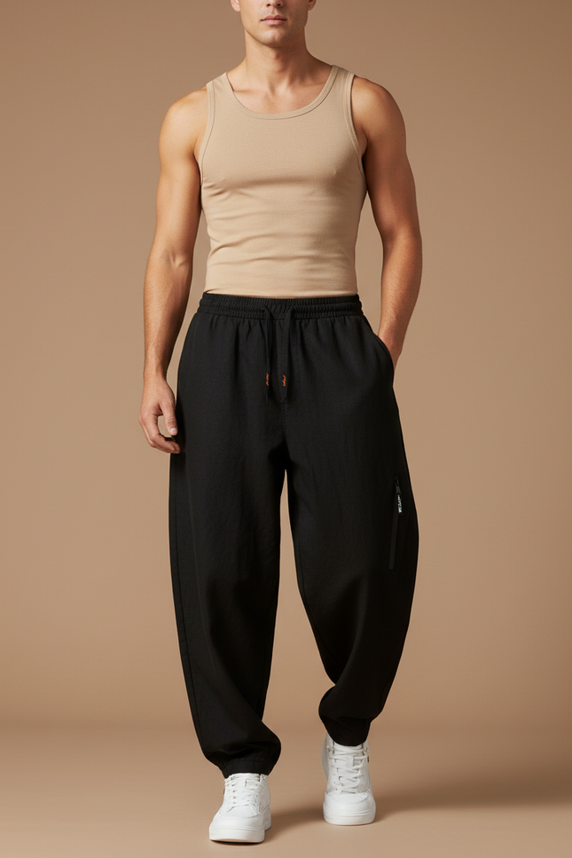 Pantalon Baggy Noir Ample Cordon Sport Homme - Polyester